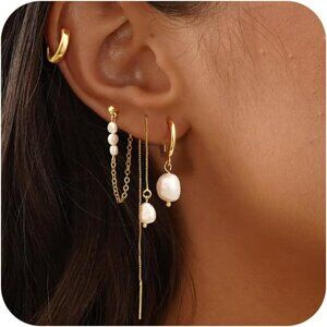14K Gold Plated 4 pearl chain Small Drop Chain Hoops Trendy Earring Set